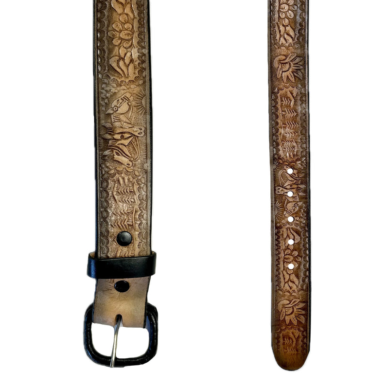 Brown/Tan 2-Tone Horse Tooled Leather Laced Western Belt - SPECIAL PRICE