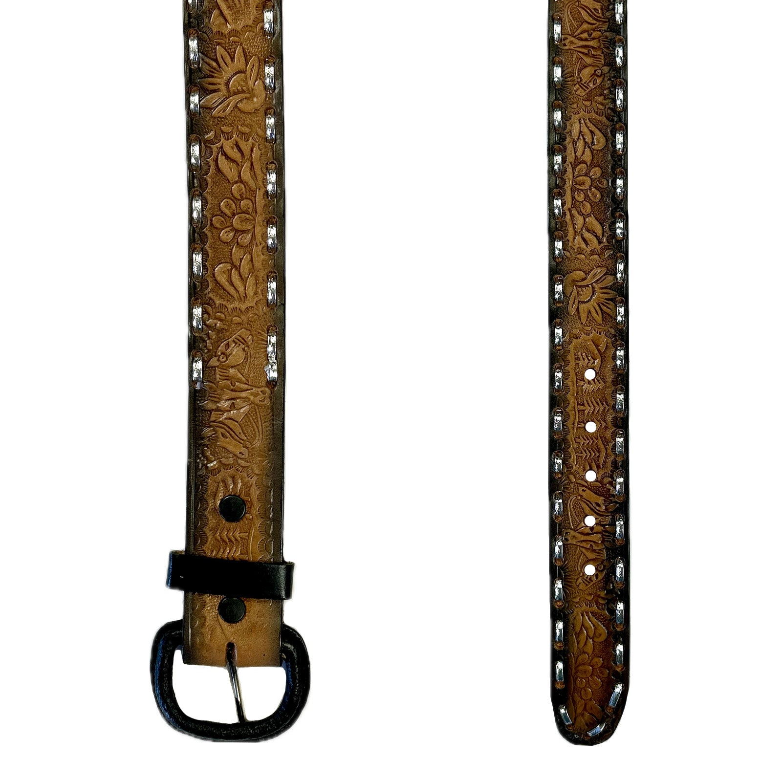 Rockmount Tooled Rose Studded Border Belt-BROWN/WHITE