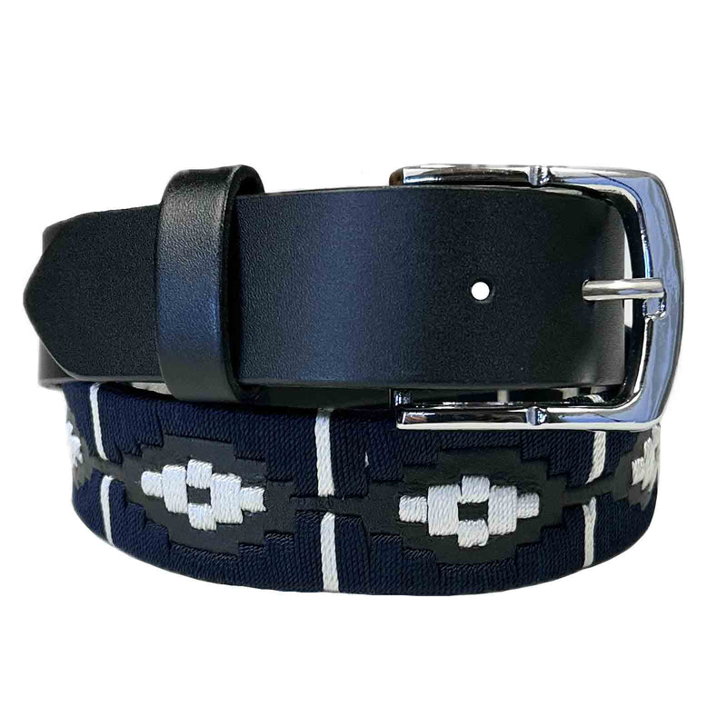 Black Leather Western Belt with Navy Polo Embroidery