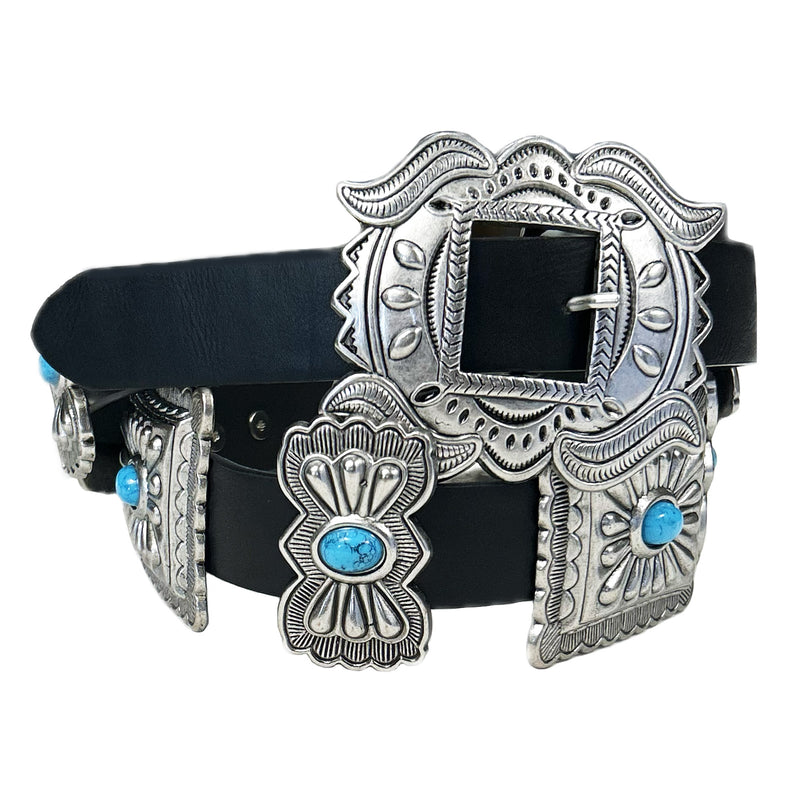 Black Leather Belt with Rectangle Conchos and Butterfly Buckle