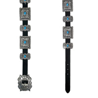 Black Leather Belt with Rectangle Conchos and Butterfly Buckle
