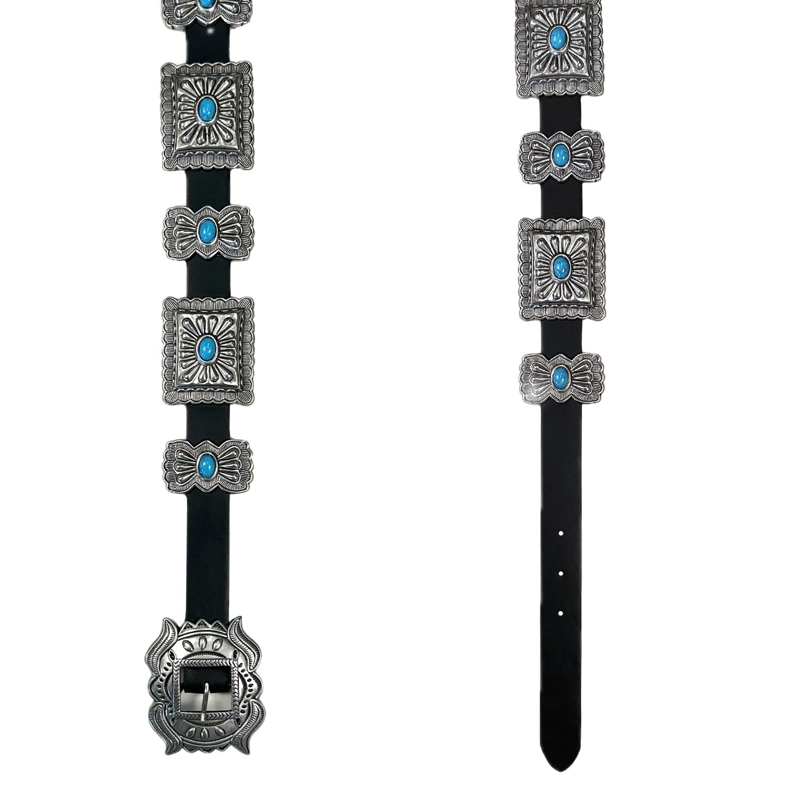 Black Leather Belt with Rectangle Conchos and Butterfly Buckle