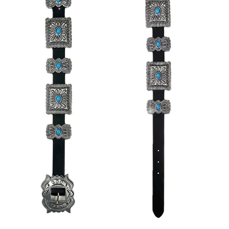 Black Leather Belt with Rectangle Conchos and Butterfly Buckle