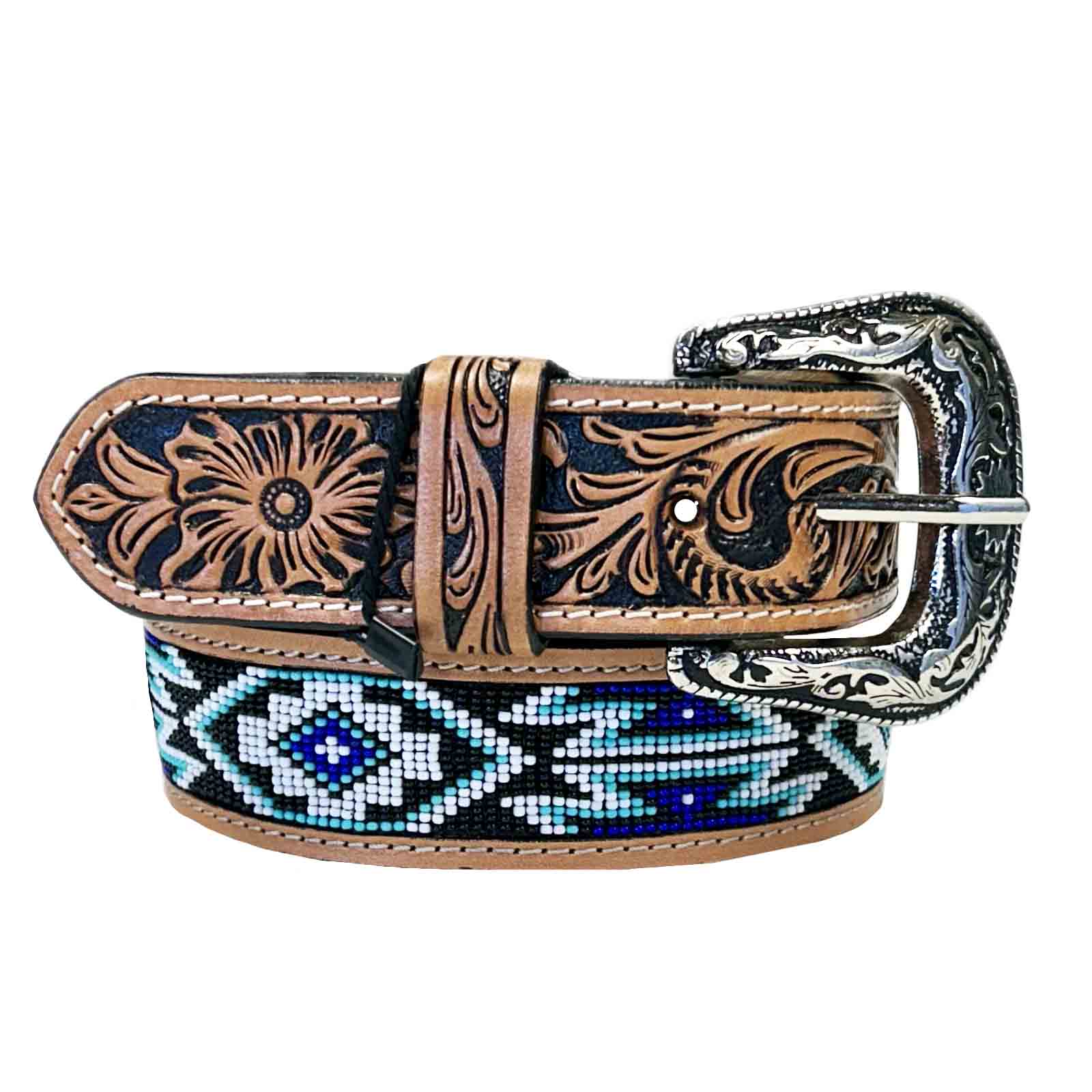 Heavy Duty Brown Tooled Leather Western Belt with Blue & White Native Pattern Beaded Inlay