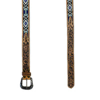 Heavy Duty Brown Tooled Leather Western Belt with Blue & White Native Pattern Beaded Inlay