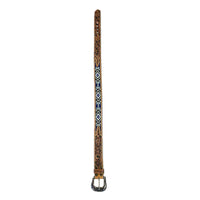 Heavy Duty Brown Tooled Leather Western Belt with Blue & White Native Pattern Beaded Inlay