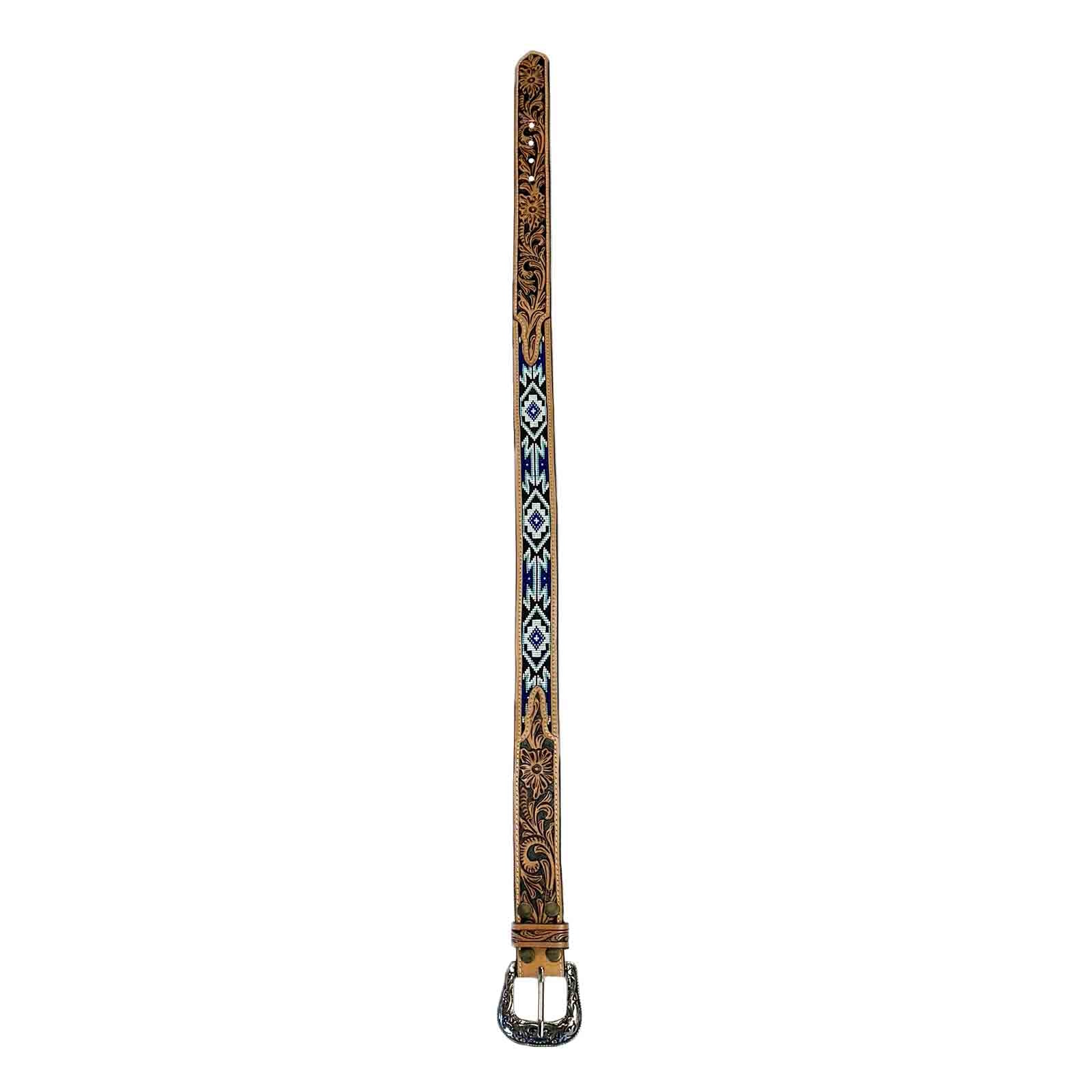Heavy Duty Brown Tooled Leather Western Belt with Blue & White Native Pattern Beaded Inlay