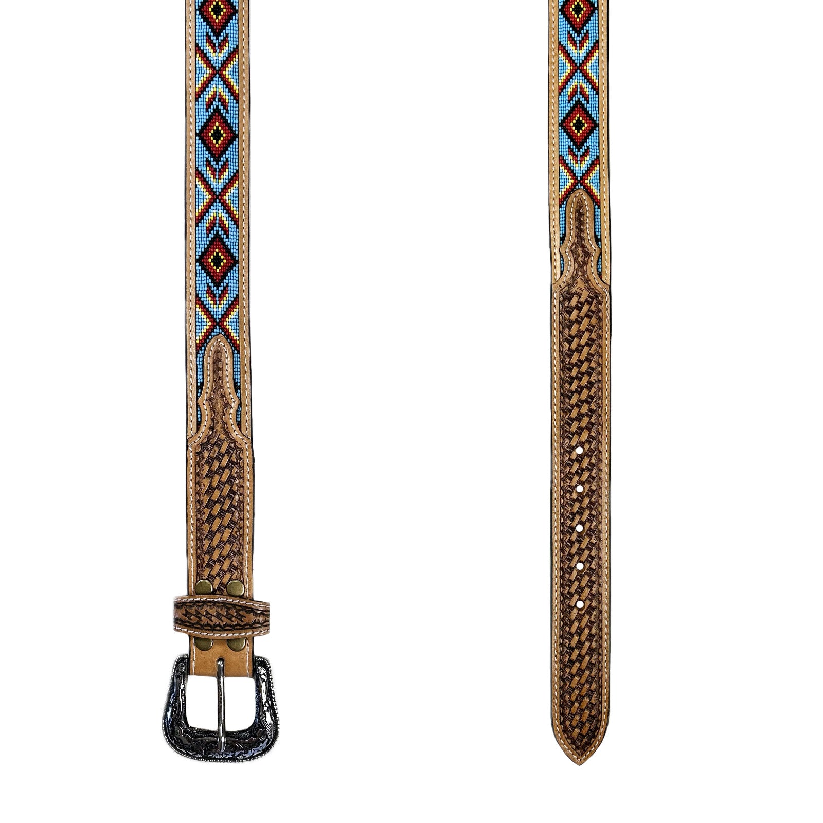 Heavy Duty Brown Tooled Leather Western Belt with Blue & Red Native Pattern Beaded Inlay (Copy)