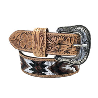 Heavy Duty Brown Tooled Leather Western Belt with Brown & White Native Pattern Beaded Inlay