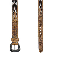 Heavy Duty Brown Tooled Leather Western Belt with Brown & White Native Pattern Beaded Inlay