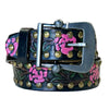 Black Tooled Genuine Leather Western Belt with Pink Roses