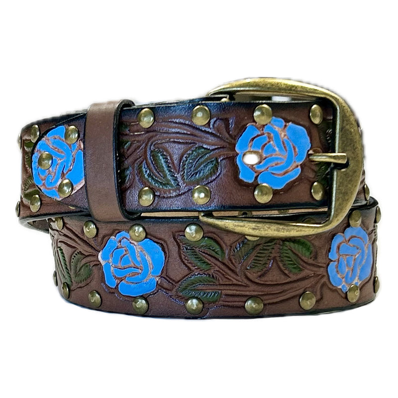 Brown Tooled Genuine Leather Western Belt with Blue Roses