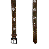 Brown Tooled Genuine Leather Western Belt with White Roses
