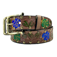 Brown Tooled Genuine Leather Western Belt with Blue Roses