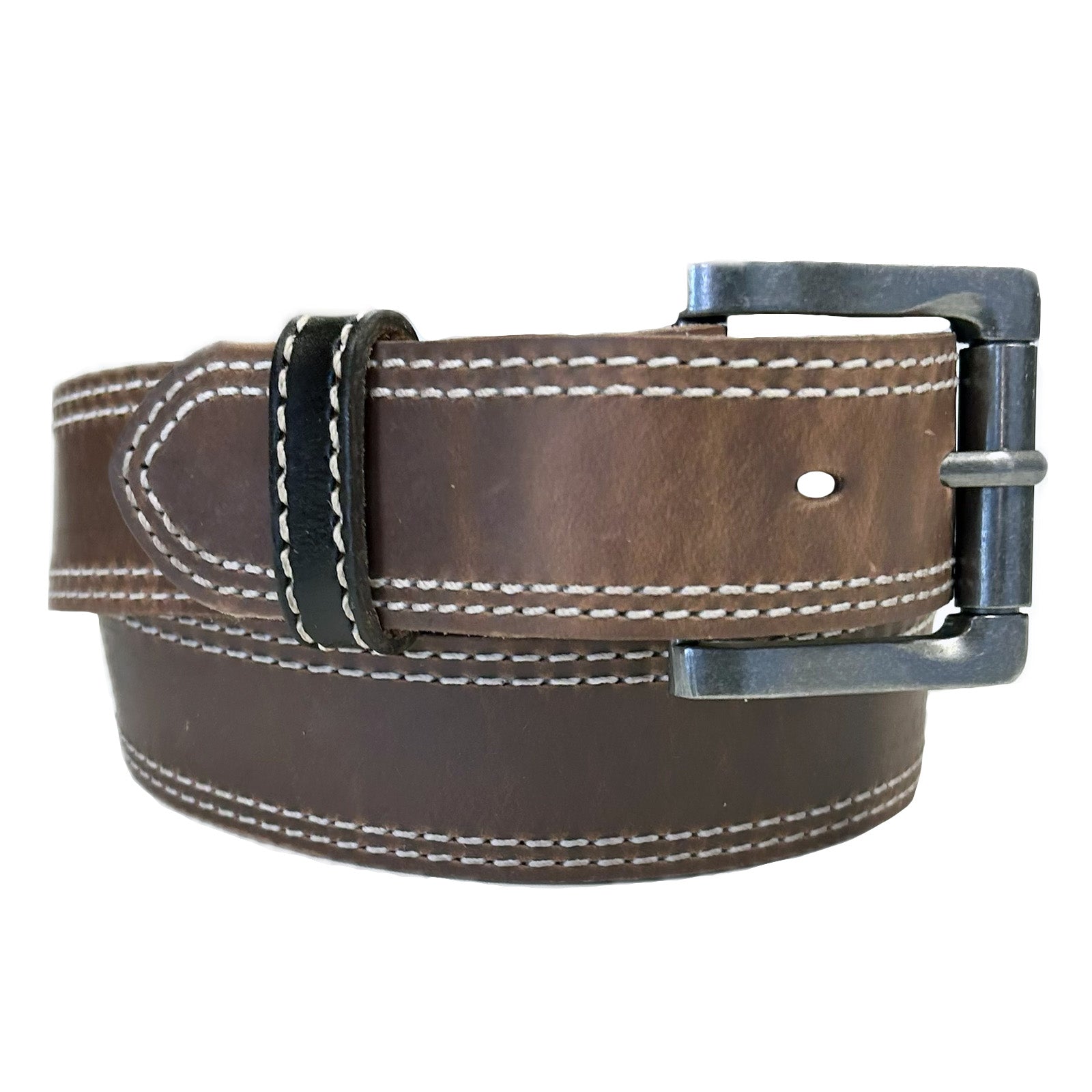 Double Stitch Distressed Brown Leather Western Belt