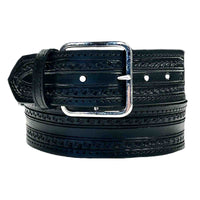 Black Tooled Check Pattern Genuine Leather Western Belt