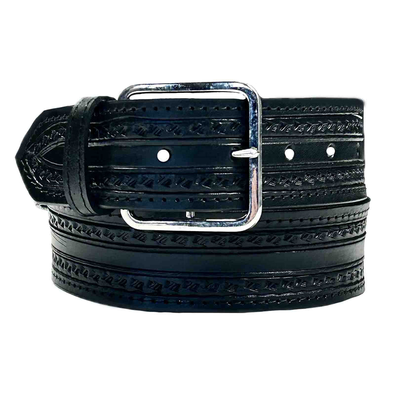 Black Tooled Check Pattern Genuine Leather Western Belt