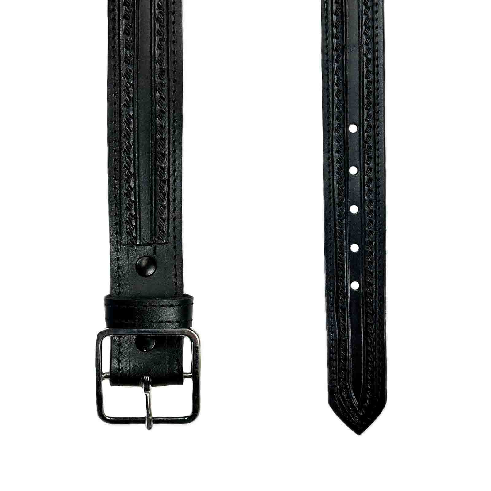 Black Tooled Check Pattern Genuine Leather Western Belt