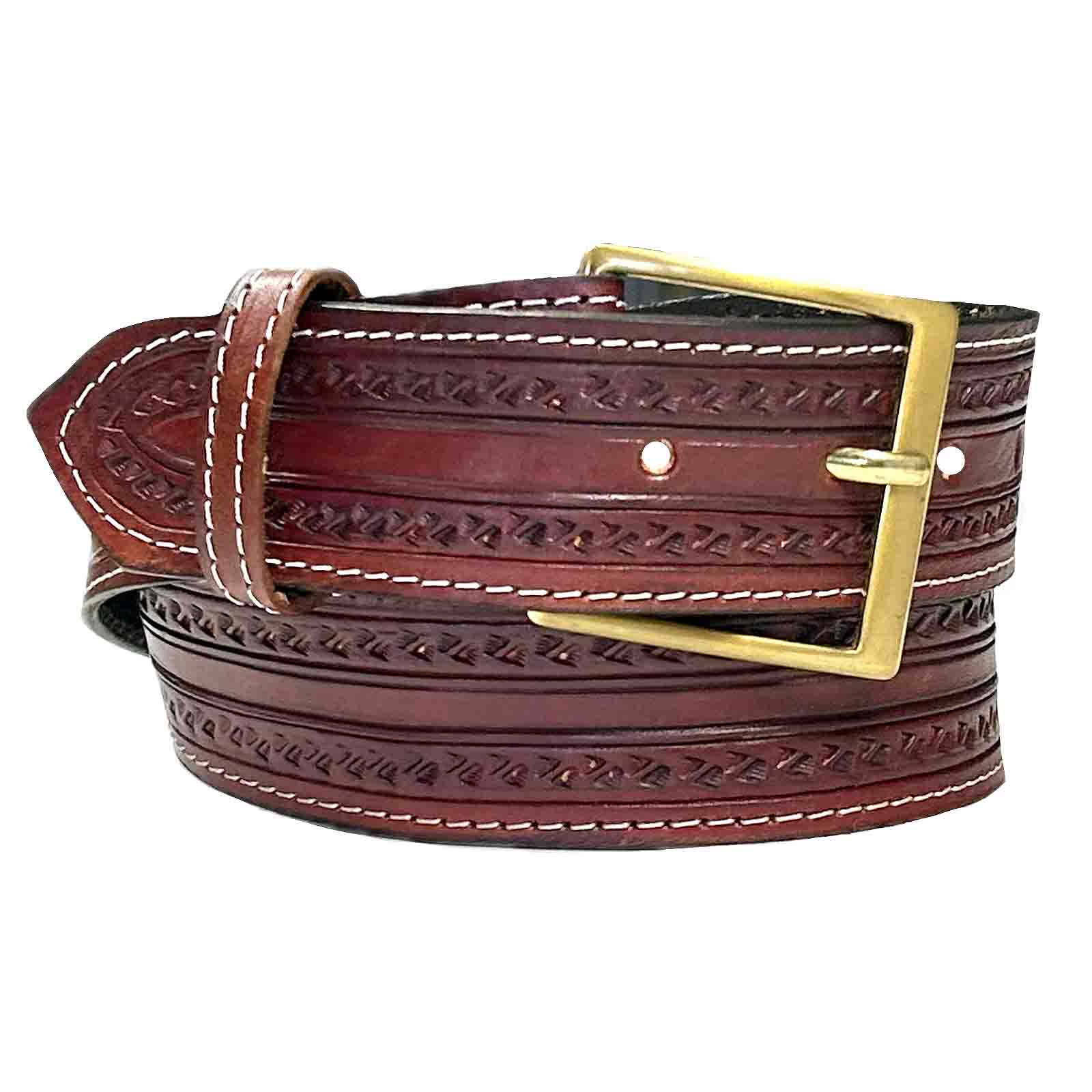 Burgundy Tooled Check Pattern Genuine Leather Western Belt