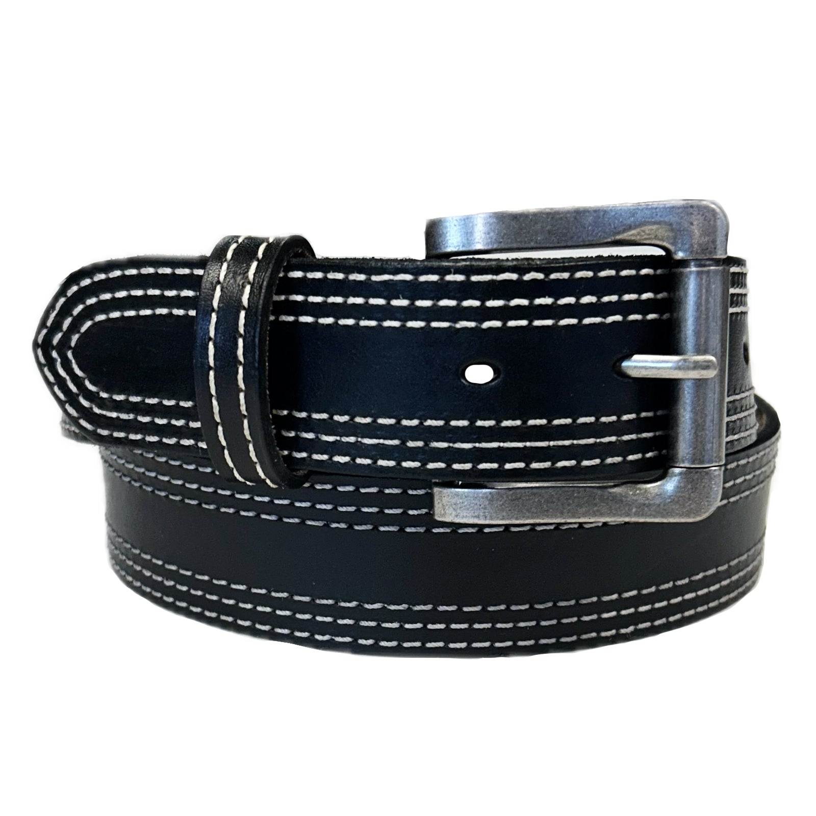 Genuine Distressed Black Triple Stitched Leather Western Belt