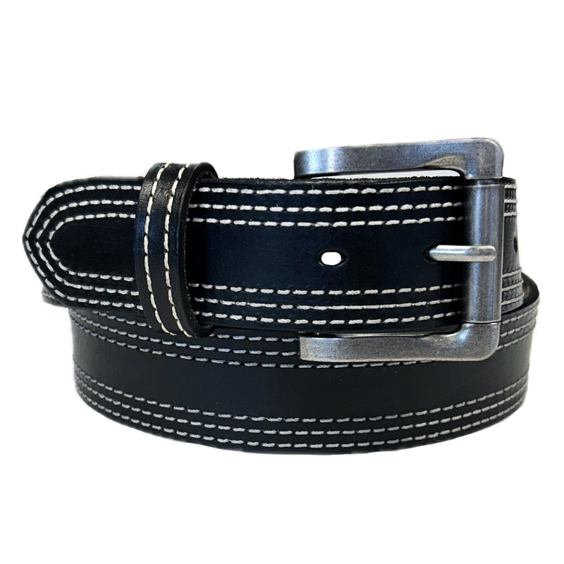 Genuine Distressed Black Triple Stitched Leather Western Belt