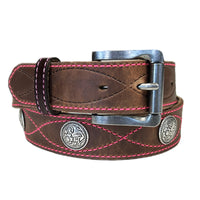 Brown Harness Leather with Conchos & Pink Figure 8 Stitching Western Belt
