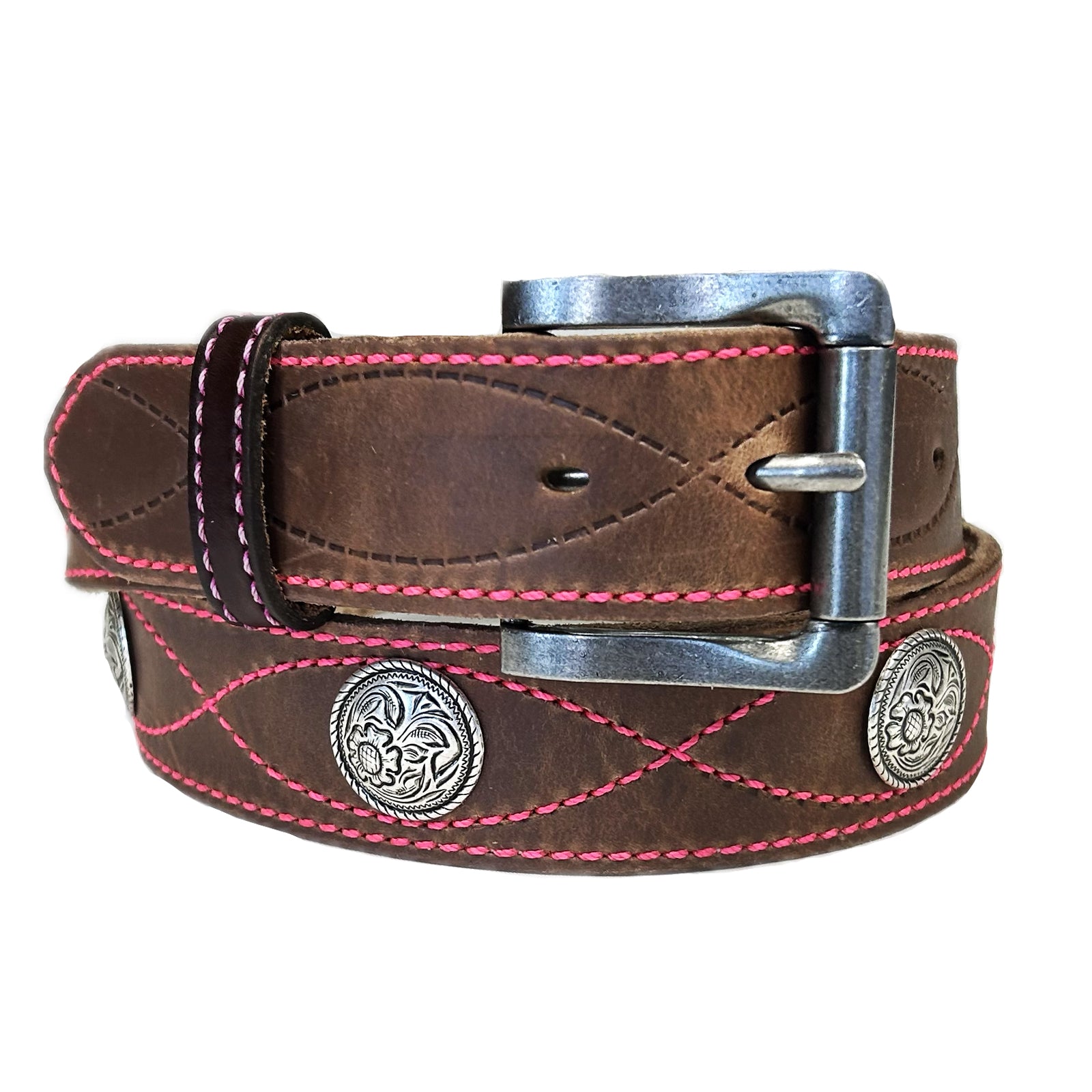 Brown Harness Leather with Conchos & Pink Figure 8 Stitching Western Belt