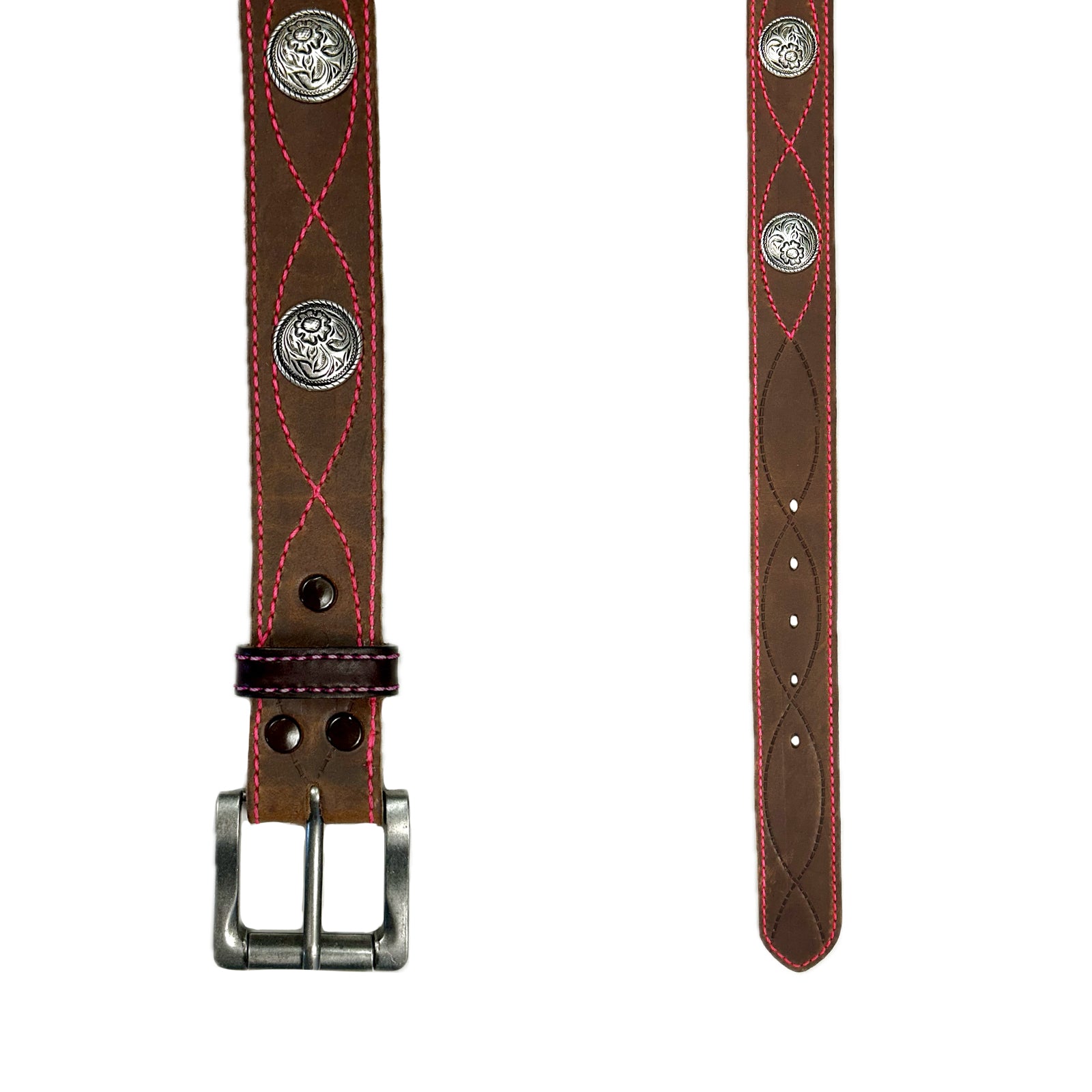 Brown Harness Leather with Conchos & Pink Figure 8 Stitching Western Belt