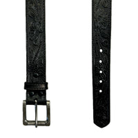 Leaf Tooling Trip Stitch Genuine Black Leather Western Belt