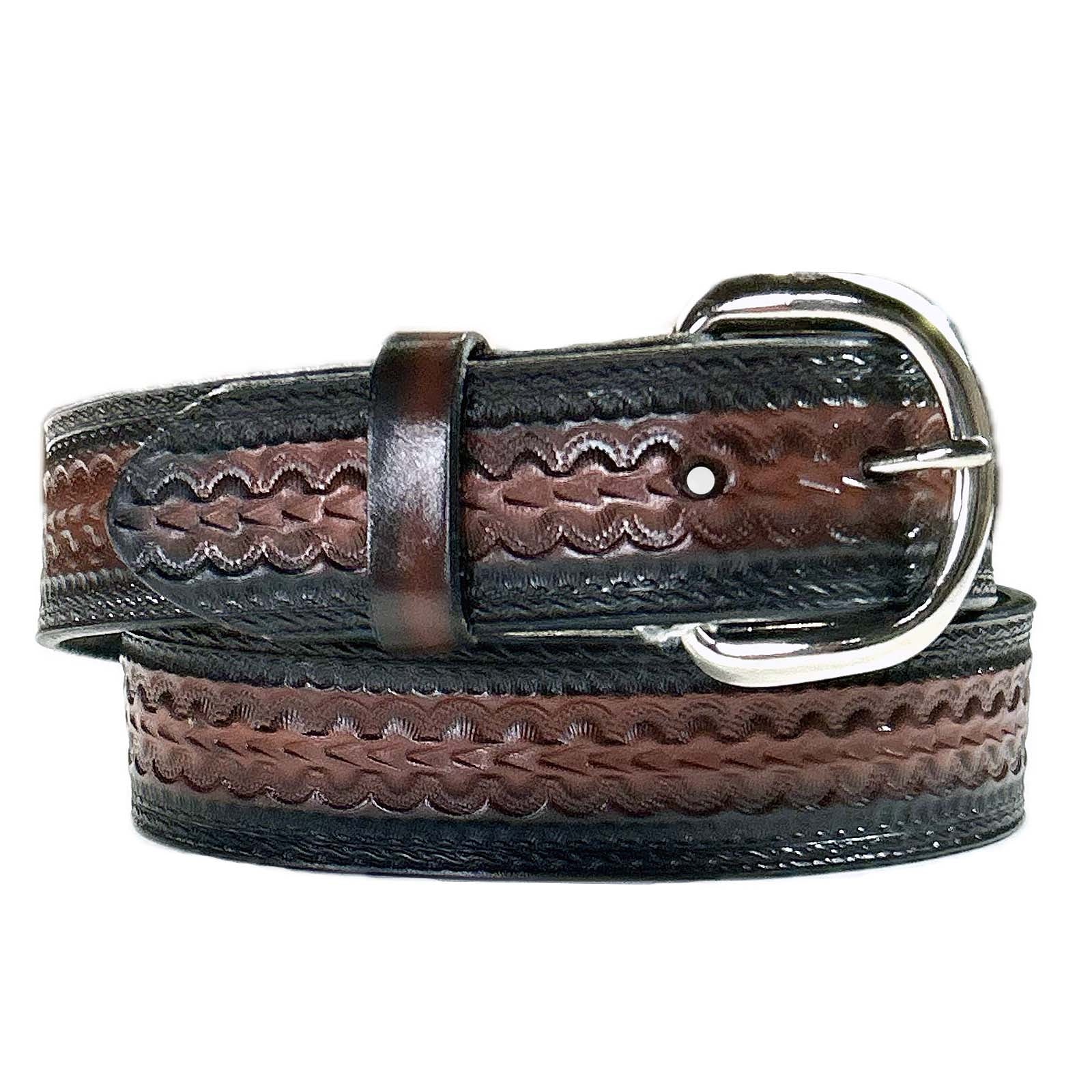 Black/Brown Tooled Scalloped Genuine Leather Western Belt - 34