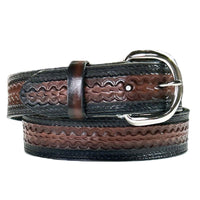 Black/Brown Tooled Scalloped Genuine Leather Western Belt