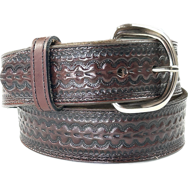 Brown Tooled Scalloped Genuine Leather Western Belt