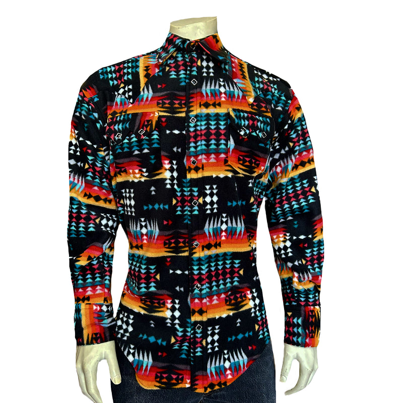 Men's Native American Inspired Pattern Fleece Western Shirt in Black & Red - M Men's Native American Inspired Pattern Fleece Western Shirt in Black & Red - M
