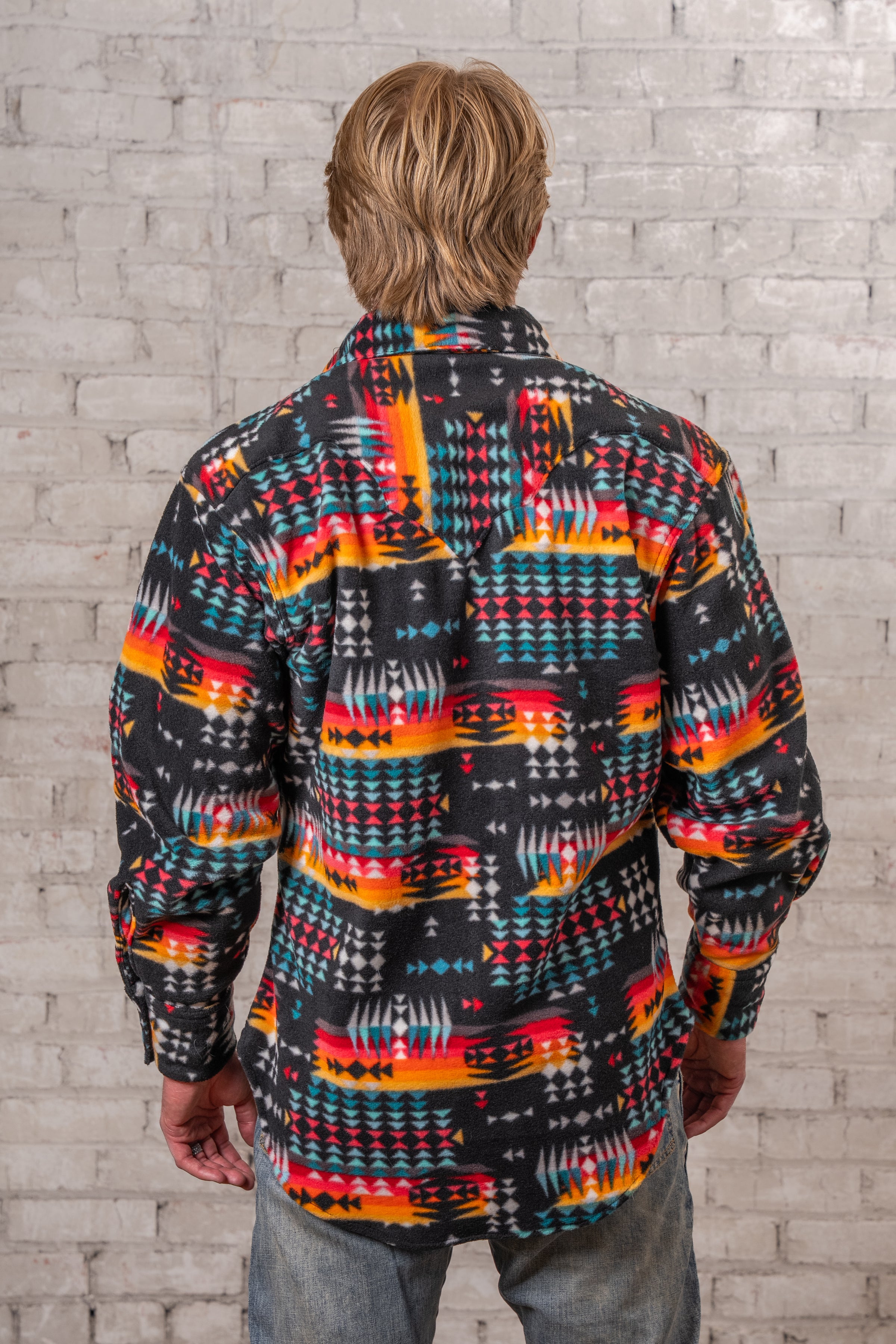 Men's Native American Inspired Pattern Fleece Western Shirt in Black & Red