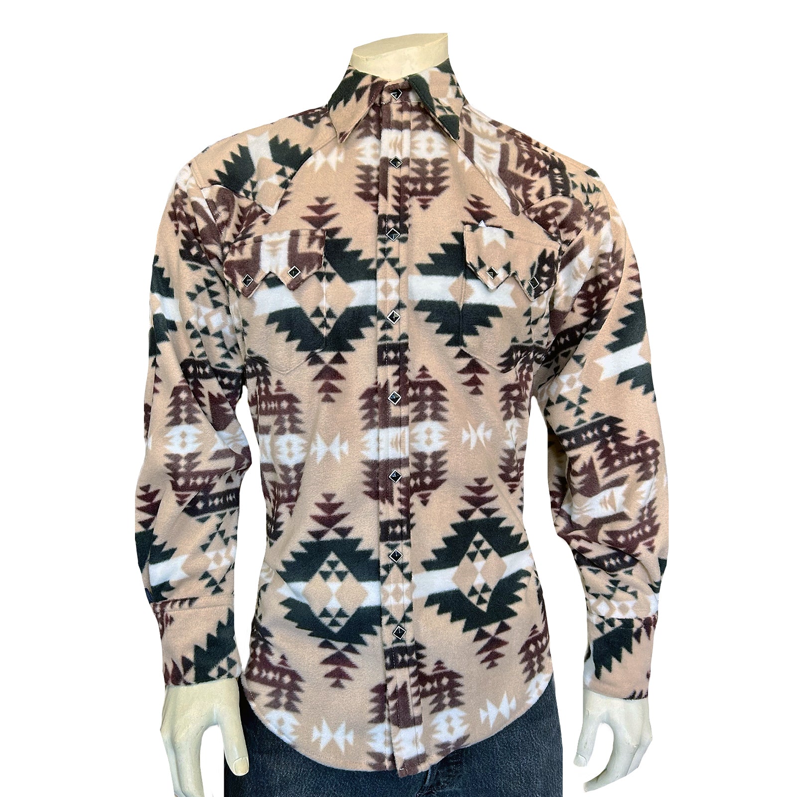 Men's Native American Inspired Pattern Fleece Western Shirt in Brown & Tan - XXL Men's Native American Inspired Pattern Fleece Western Shirt in Brown & Tan - XXL