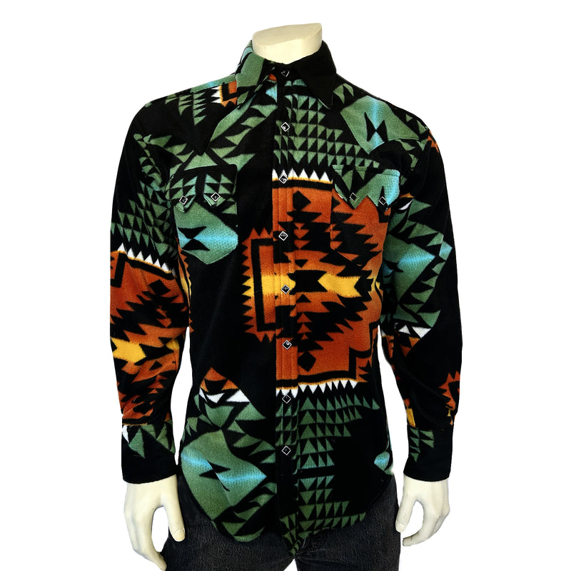 Men's Native Pattern Fleece Western Shirt in Black & Turquoise