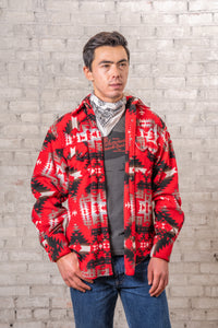 Men's Native American Inspired Pattern Fleece Western Shirt in Red & Grey