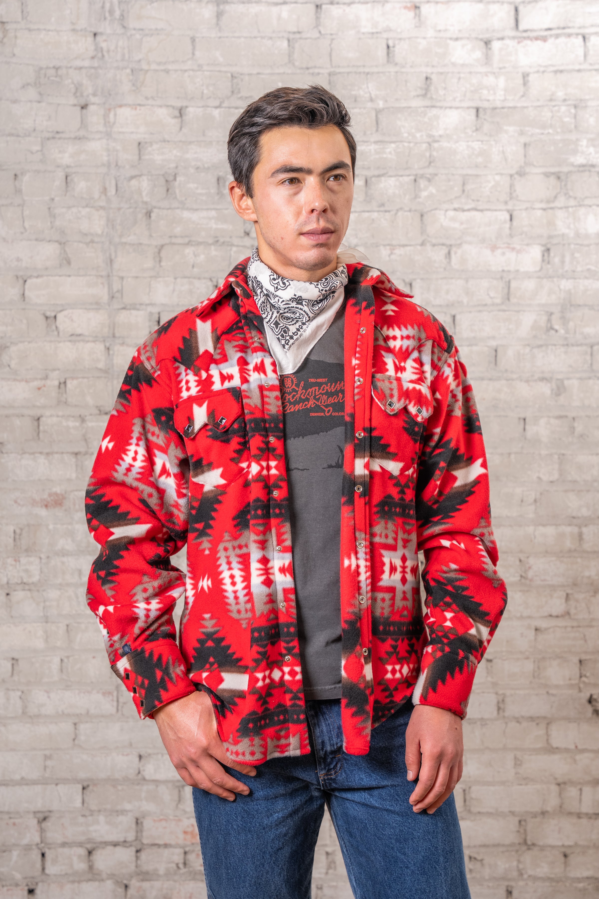 Men's Native American Inspired Pattern Fleece Western Shirt in Red & Grey