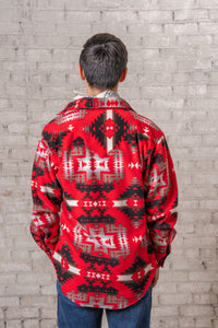 Men's Native American Inspired Pattern Fleece Western Shirt in Red & Grey
