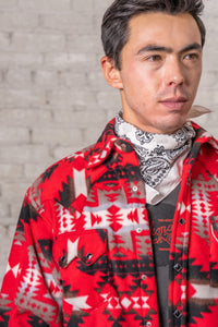 Men's Native American Inspired Pattern Fleece Western Shirt in Red & Grey