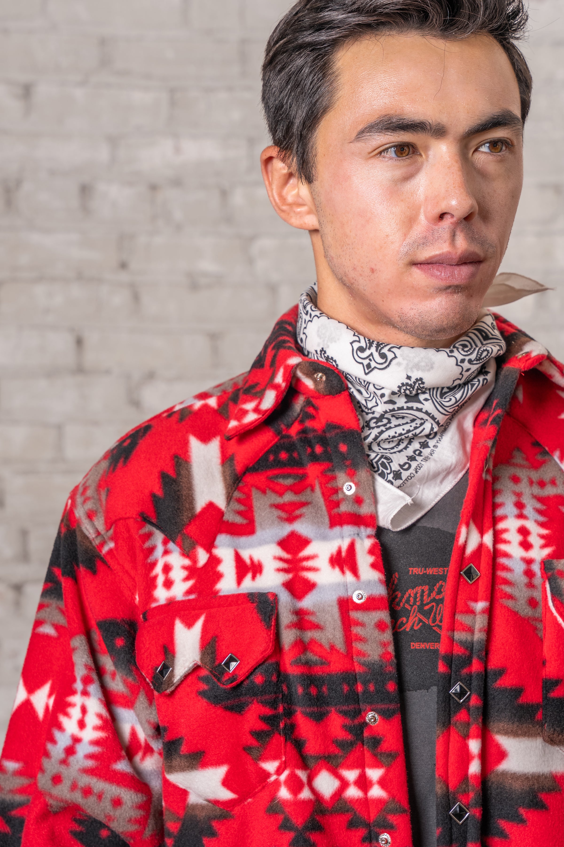 Men's Native American Inspired Pattern Fleece Western Shirt in Red & Grey