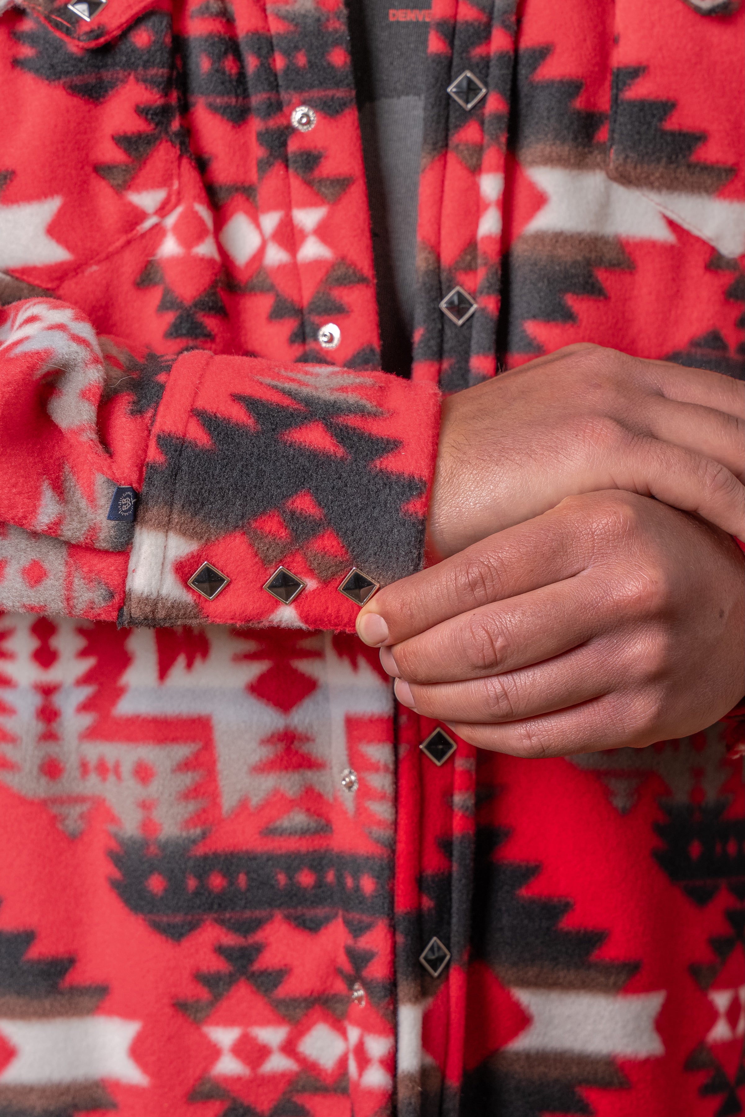 Men's Native American Inspired Pattern Fleece Western Shirt in Red & Grey