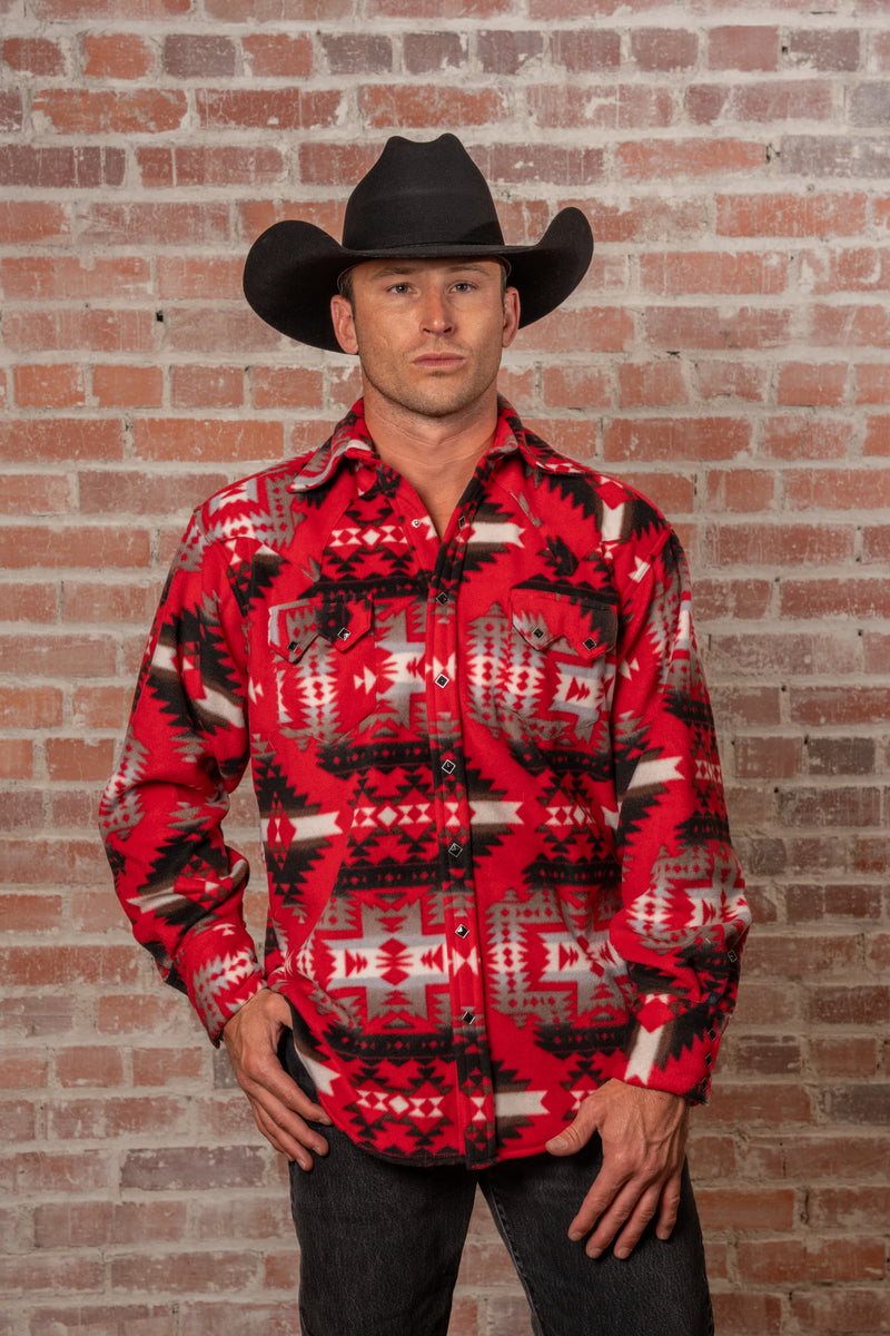 Men's Native American Inspired Pattern Fleece Western Shirt in Red & Grey