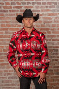 Men's Native American Inspired Pattern Fleece Western Shirt in Red & Grey