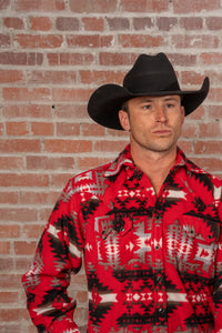 Men's Native American Inspired Pattern Fleece Western Shirt in Red & Grey
