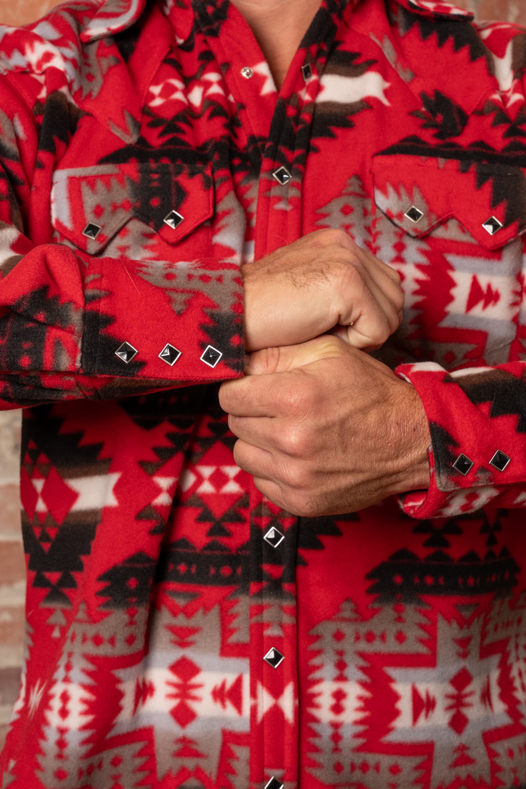 Men's Native American Inspired Pattern Fleece Western Shirt in Red & Grey