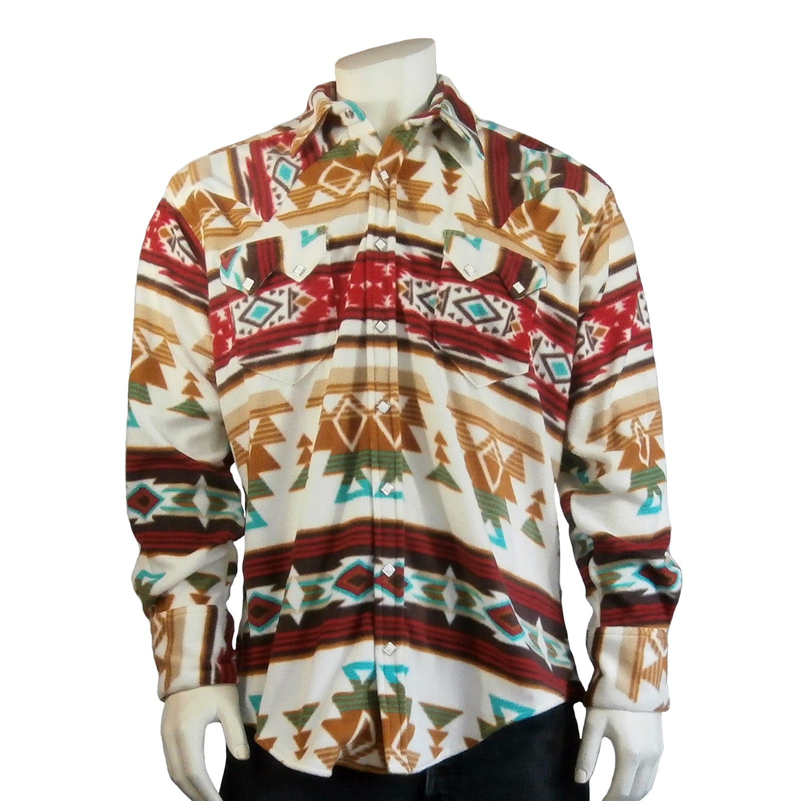 Men's Native Pattern Fleece Western Shirt in Tan & Red