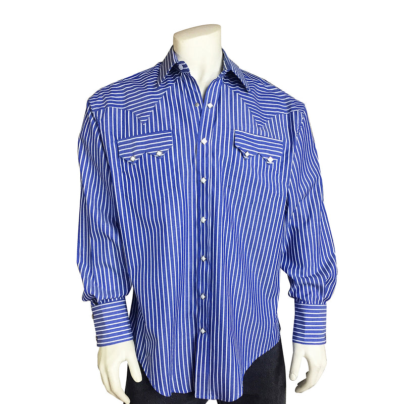 Men's Fine Cotton Striped Western Dress Shirt in Blue
