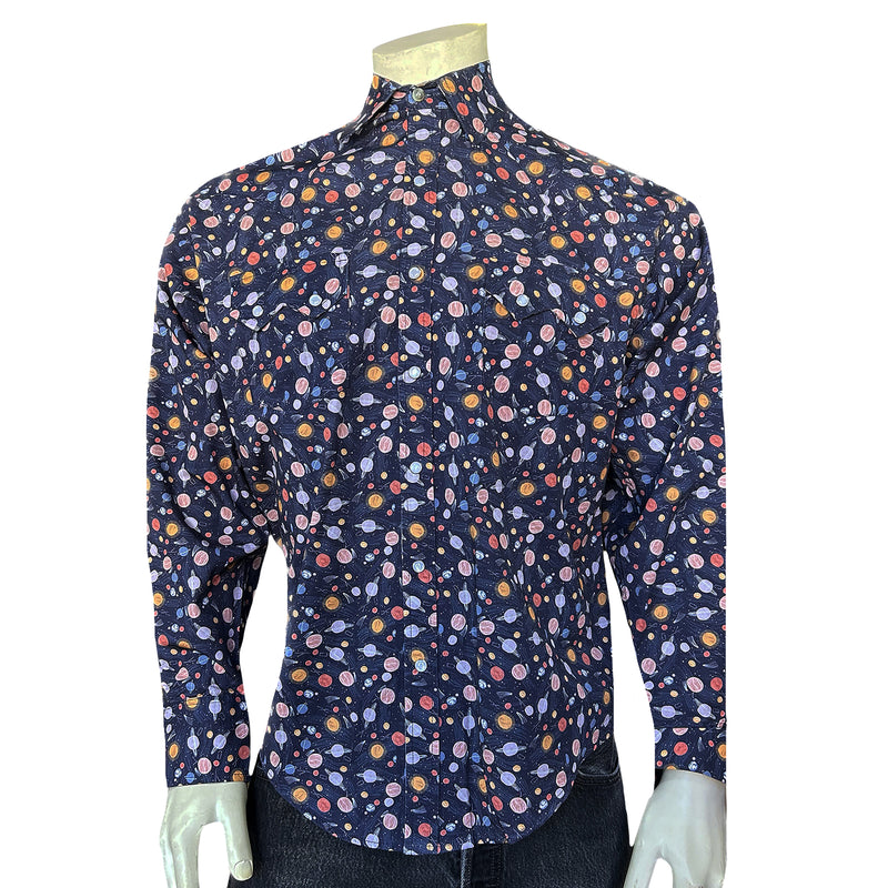 Men’s Solar System Print Western Shirt in Navy