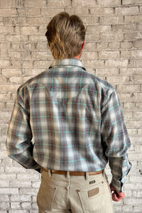 Men's Shadow Plaid Dobby Lurex Western Shirt by Rockmount Ranch Wear in grey plaid with sawtooth pockets